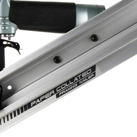 Close-up of a Framing Nailer For Pro Builders, Lightweight Pneumatic Power Tool with paper collated nails slot visible.