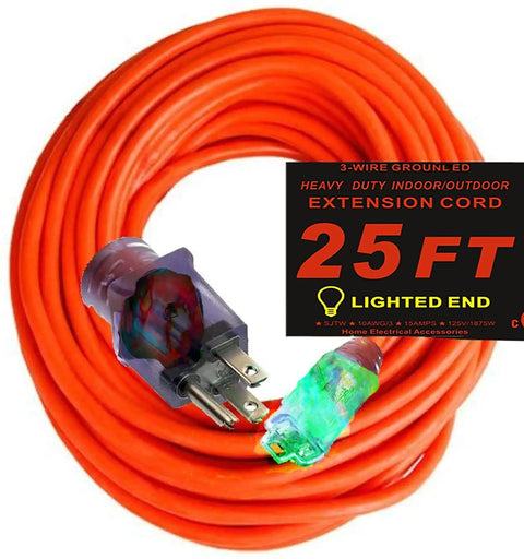 Heavy Duty Outdoor Indoor Extension Cord Fifty Foot 10 Gauge Three Conductor With Lighted Ends Grounded Plugs 125 Volt 15 Amp