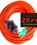 Beefed-Up 100 Ft 10 Gauge Extension Cord For Indoor Outdoor Use With Lighted Ends, heavy-duty coiled cable, label 25 ft.