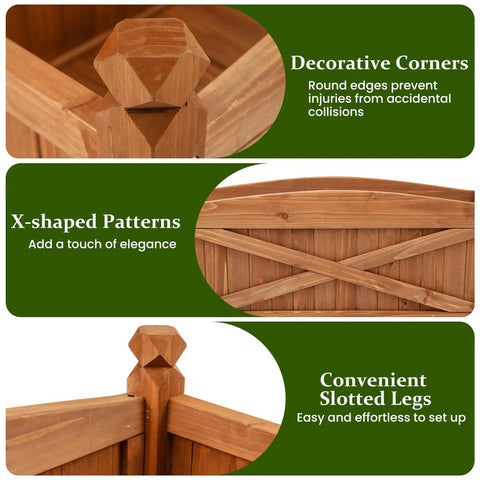 Wooden Raised Garden Bed With Drainage Holes Built Tough For Outdoor Patios And Balconies, featuring decorative corners and X-shaped patterns.