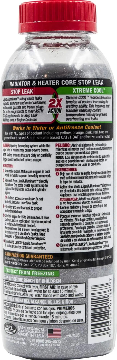 Cooling System Radiator Stop Leak 16.9 Oz Liquid Aluminum Formula bottle, back view with instructions.