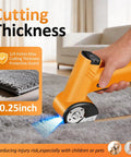 Electric Cordless Scissors With Rechargeable Battery, Power Rotary Cutter For Cardboard Boxes, Carpet, And Leather, Stainless Steel Blade, Cordless Design cutting through plush carpet with precision.