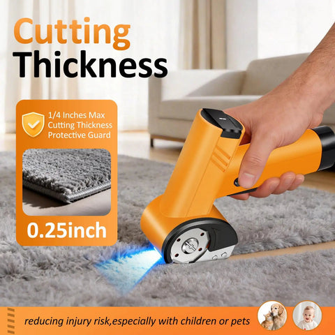 Electric Cordless Scissors With Rechargeable Battery, Power Rotary Cutter For Cardboard Boxes, Carpet, And Leather, Stainless Steel Blade, Cordless Design cutting through plush carpet with precision.