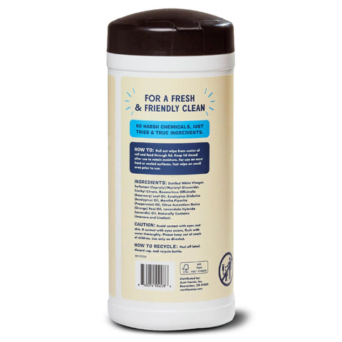Aunt Fannie's Glass & Window Cleaning Wipes bottle with brown cap; natural streak-free glass cleaner, 35-count.