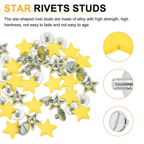 Solid 12mm Yellow Metal Star Rivets And Screw Back Studs, Rock Solid Alloy Pentagon Nailheads For Leather Craft, 24 Set Diy Essentials, close-up view.
