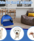 Portable Pop Up Pet Tent Sun Shade Shelter for dogs, cats, and small animals in living room setup with pet images.