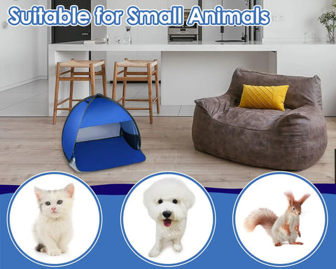 Portable Pop Up Pet Tent Sun Shade Shelter for dogs, cats, and small animals in living room setup with pet images.