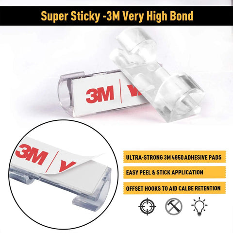 Strong Self Adhesive Cable Clips For TV And PC Wire Management with clear plastic and 3M 4950 VHB tape close up