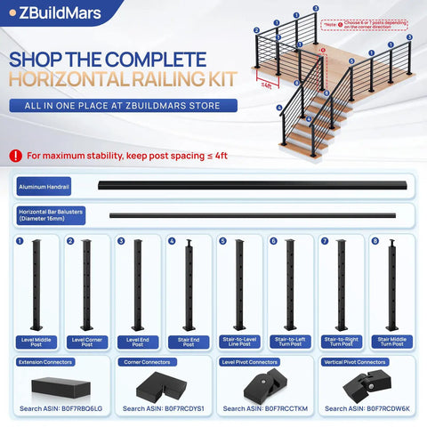Flat Out Durable Aluminum Railing Post 35 X 2 X 2 Inch Middle Brace For Horizontal Deck Guard Rails layout and assembly guide.