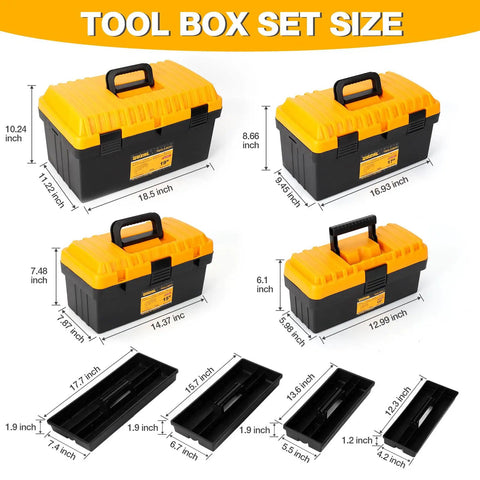 Stackable Tool Box Set Built Tough Plastic Organizer Boxes With Removable Trays For Screws, Parts And Tools, four sizes shown