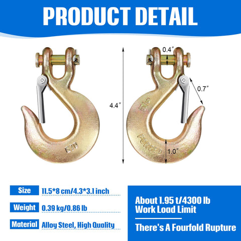 Two Pack Five Sixteenth Inch Clevis Slip Hook With Safety Latch Heavy Duty Forged G70 Steel Chain dimensions and details