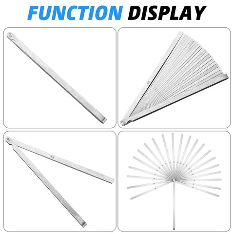 Two-piece Tigeen stainless steel feeler gauge set with 25 blades; folding fan and long blade, 0.038-1.02mm