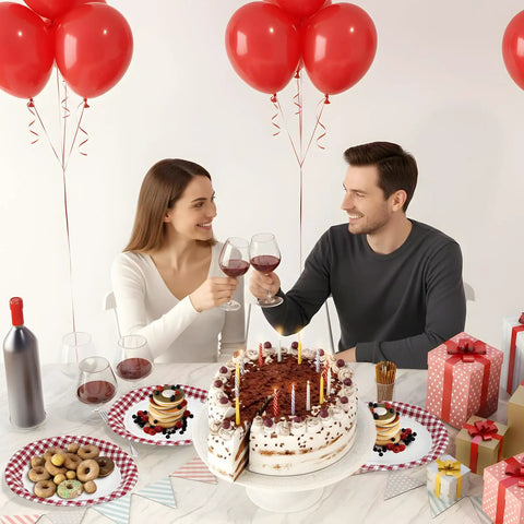 Kickin Vibes Red Gingham Oval Paper Plates 40 Count 10 X 12 Inch Heavy Duty Disposable Plaid Party Platters with cake and wine