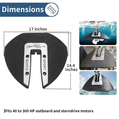 Whale Tail Hydrofoil Stabilizer For 40 To 300 HP Outboard And Sterndrive Engines with dimensions illustration