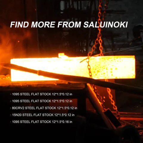Glowing 80CRV2 steel flat stock in forge, part of 8 pieces 12x1.5x0.12 inch blacksmithing steel bar set for knife making and forging.