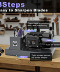 Solid Build Lawn Mower Blade Sharpener With 9 Inch Grinding Disc And 1Hp 750W Motor for easy sharpening steps display with clear instructions.