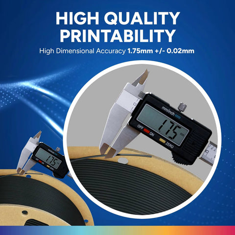 Overture PLA Plus 1.75mm black filament on spool with digital caliper reading 1.75 mm