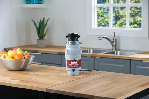 High Speed Kitchen Garbage Disposal With Power Cord, EZ Mount Quick Sink Installation, unit on kitchen counter near sink