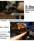 Pro Grade Metal Prep Kit for Angle Grinder With 25 Pack Strip and Flap Disc Set showing disc usage on metal surface