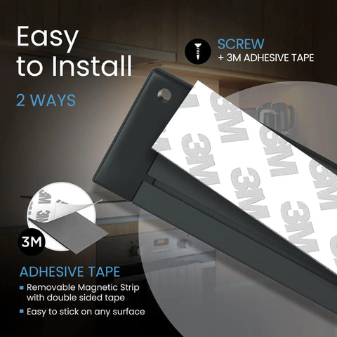 Close-up of 4 Pack 12 Inch Black Smart Dimmable LED Under Cabinet Lighting Kit with 3M adhesive tape and screw installation options.
