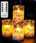 Flameless Real Wax Floral LED Candles With Remote And Timer 4 Pack for home decor, showing lit glass-covered flickering candles.