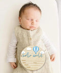5.9 Inch Wooden Hello World Birth Announcement Sign With Pen And Stand on newborn, blue balloon, white cloud decor, record birth details.