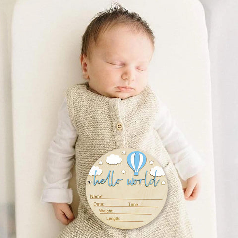 5.9 Inch Wooden Hello World Birth Announcement Sign With Pen And Stand on newborn, blue balloon, white cloud decor, record birth details.