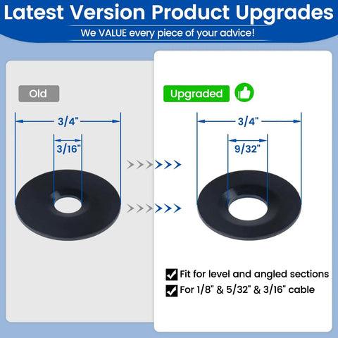 Comparison of old vs upgraded black adhesive sleeves for cable railing, fit for 1/8, 5/32, 3/16 inch cable, size 3/4x9/32 inches.