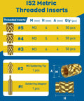 152 Piece M3 Heat Set Threaded Inserts For Plastic With Soldering Tip And Adapter Brass Knurled Nut Inserts Kit In 3 Sizes For Strong Secure 3D Printing Joints shown with size details and components