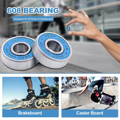 608RS skateboard bearings, chrome steel, double rubber sealed, 8x22x7mm, 20-pack; inline skates and a skateboard shown.