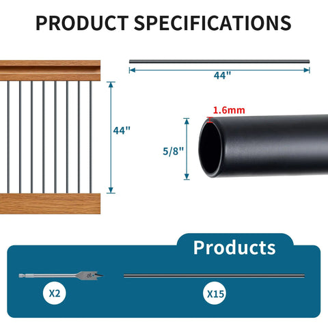 Round Wrought Iron Look Stair Balusters Heavy Duty Interior Exterior Deck Railing Spindles Built Tough For Home Projects 44 Inches Tall specifications and measurements.