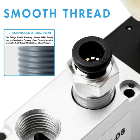 Close-up of 5 Port 2 Position Pneumatic Solenoid Valve Pilot Operated with smooth thread detail for air pressure sealing.