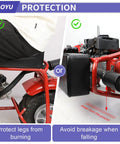 Central Long Mini Bike Exhaust Header Pipe With Muffler Kit shown protecting legs from heat and positioned to prevent breakage.