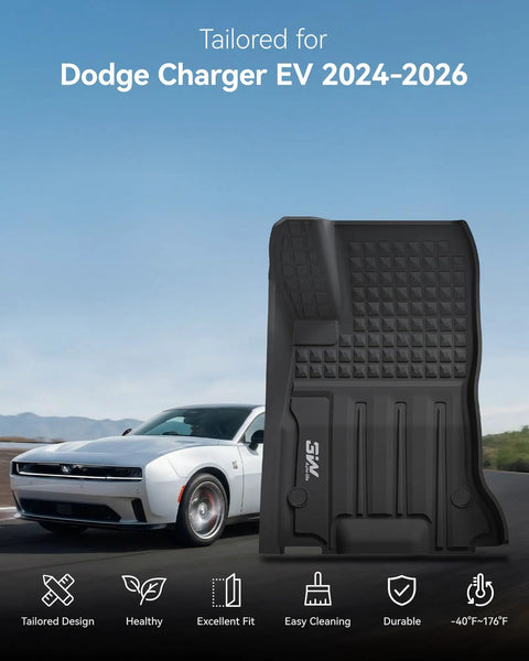 Dodge Charger EV Daytona 2024-2026 all-weather floor mat with custom fit, black, tailored resilient design for two-door model.