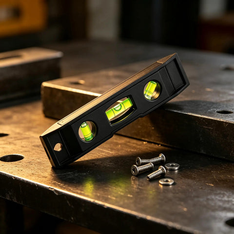 Magnetic Torpedo Level 6 Inch, 3 Bubble Spirit Measuring Tool on metallic surface with screws, showing precision acrylic vials.