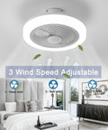 18 Inch Bladeless Ceiling Fan With Light And Remote in modern bedroom, low profile flush mount, LED light on, 3 wind speeds.