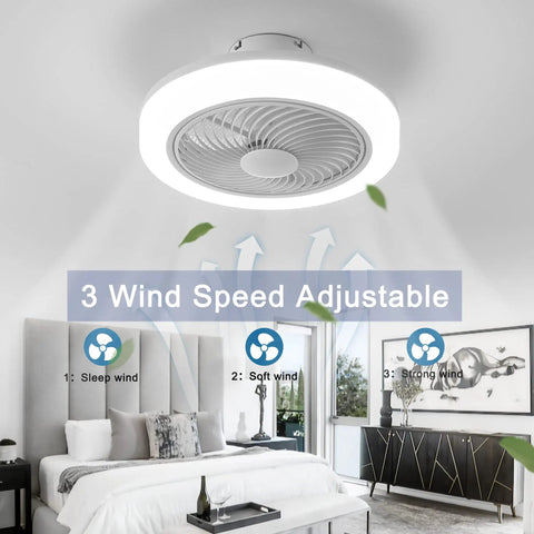 18 Inch Bladeless Ceiling Fan With Light And Remote in modern bedroom, low profile flush mount, LED light on, 3 wind speeds.
