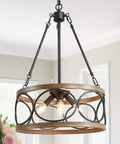 Farmhouse Drum Chandelier With Faux Wood Finish, modern open-frame light fixture hanging in a dining room, rustic charm detail