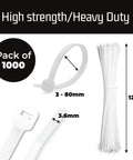 Infographic of 1000 Piece Zip Tie Set For Every Project, 12 Inch Beefy Heavy Duty Self Locking Nylon Cable Ties, 40 Lb Tensile Strength.