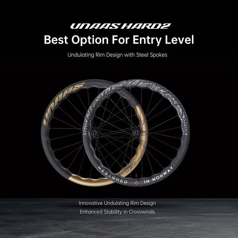 UNAAS HARD2 Carbon Fiber 700C Wheelset with gold wave rim design and steel spokes, disc brake, tubeless ready road bike wheels.