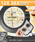 Large Floor Magnifying Glass With Light And Stand showing 12X and 30X map zoom controls, features labels, and adjustable dials.