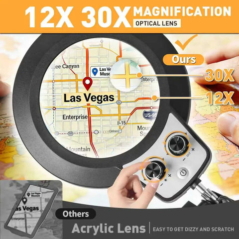 Large Floor Magnifying Glass With Light And Stand showing 12X and 30X map zoom controls, features labels, and adjustable dials.