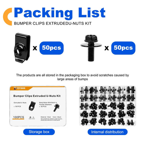 M6 1.0 Body Bolts And U Nuts Kit For Automotive Restoration And Repairs Includes 50 U Nuts And 50 Hex Head Bolts In A Handy Box