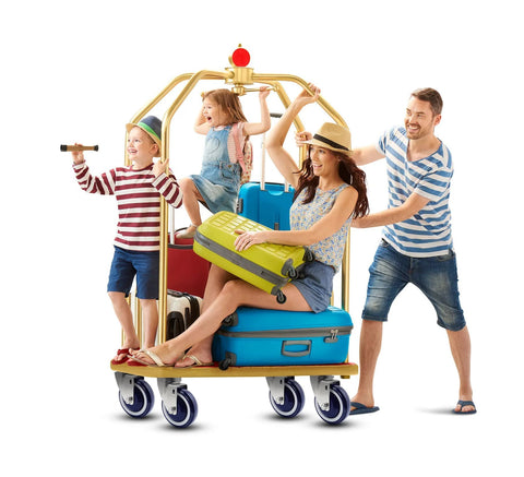 Family on luggage cart with 4 inch polyurethane shopping cart wheels pack of four with stepped and full tread face and double ball bearing.