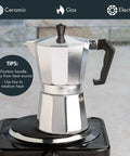 Compact Stovetop Espresso Maker And Handheld Electric Milk Frother Gift Set Pro Grade Aluminum Moka Pot on stovetop with tips.