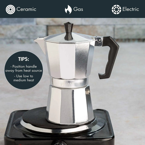 Compact Stovetop Espresso Maker And Handheld Electric Milk Frother Gift Set Pro Grade Aluminum Moka Pot on stovetop with tips.