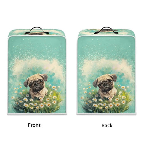 Floral Pug Coffee Machine Cover With Sturdy Top Handle, Waterproof Dustproof Kitchen Appliance Protector For Espresso Makers Blenders, Foldable Polyester Dust Guard Fits Like A Glove Setup That Looks Sharp On Counters, front and back views, daisy floral design.