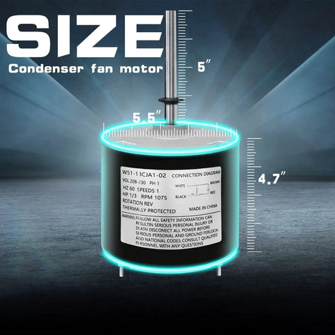 Pro Grade Drop In Replacement Condenser Fan Motor One Third Horsepower 1 Phase 1075 RPM 208 To 230 Volts For HVAC Condenser Unit Single Speed