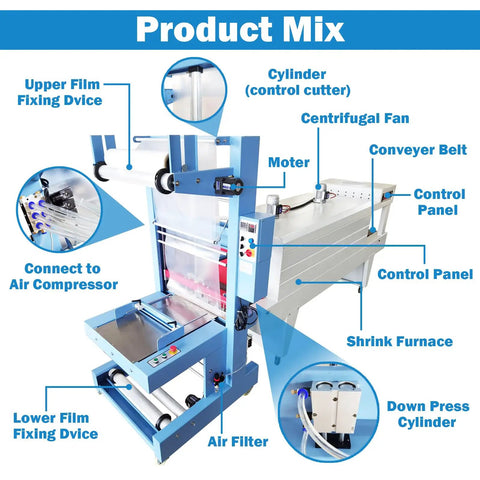 Built Tough Semi Automatic Plastic Film Sleeve Sealing Machine And Heat Shrink Packager with detailed features labeled.