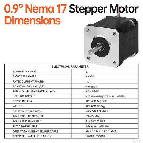 0.9 Degree Nema 17 Stepper Motor 2 Phase Beefy High Torque 0.42 Nm Bipolar 3.0 Ohm 1.3 A 47 mm Body with dimensions table